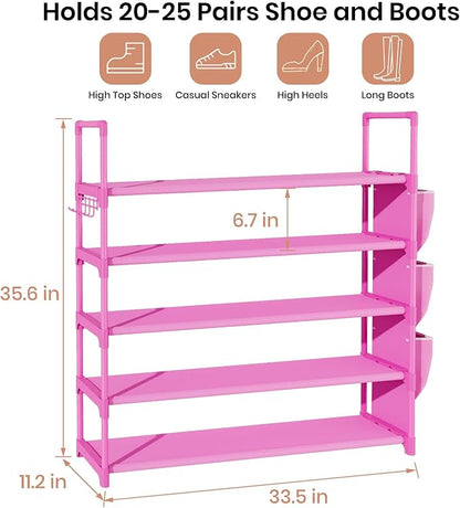 VILICK Shoe Rack for Closet Shoe Organizer Space Saver Storage for 20-25 Pair Shoe Shelf with Hook and Side Pocket Free Standing 5 Tier Shoe Rack Organizer for Entryway,Small Spaces, Pink