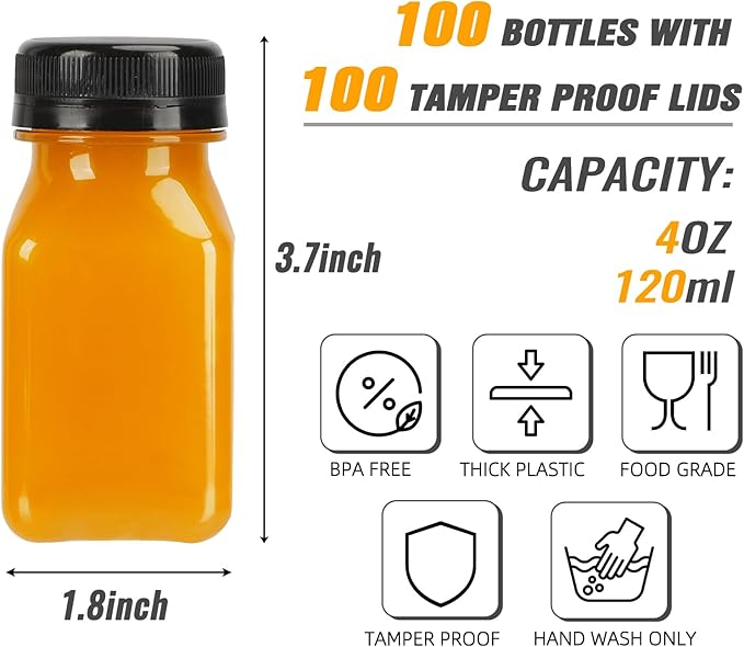 TOMNK 100pcs 4oz Juice Bottles, Reusable Small Shot Bottles with Lids, Labels, Funnel and Brush Beverage Containers for Juicing, Ginger Shots, Milk and Beverages