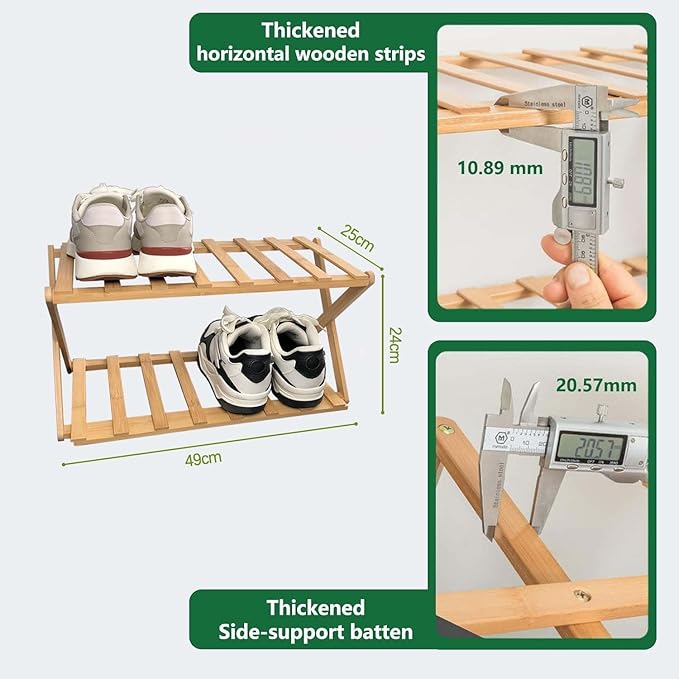 2 Tier Bamboo Shoe Rack,Portable Folding Shoe Storage Rack,Without Installation Small Shoe Rack Perfect for Corridors, Bedrooms and Small Spaces (2 Tier)