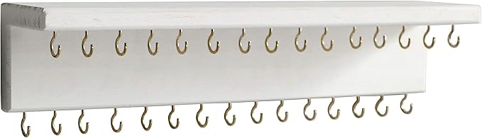 SANY DAYO HOME Jewelry Organizer with 30 Hooks and Cosmetics Shelf, 15 x 3 x 4 inches Wall Mounted Rustic Pine Wood Holder for Necklaces and Bracelets, Suitable for Kids and Adults (Retro White)