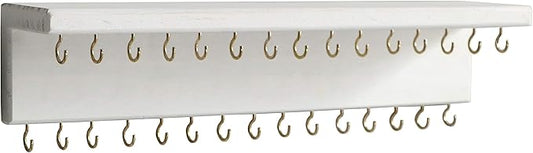 SANY DAYO HOME Jewelry Organizer with 30 Hooks and Cosmetics Shelf, 15 x 3 x 4 inches Wall Mounted Rustic Pine Wood Holder for Necklaces and Bracelets, Suitable for Kids and Adults (Retro White)