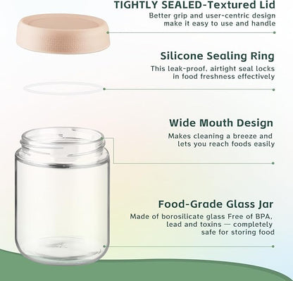 2 Pack Glass Overnight Oats Containers with Lids,Stackable Wide Mouth Mason Glass Jars with Airtight Seal Lids,Food Storage Jars for Meal Prep,Yogurt Parfaits,Meal Prep,Pudding,Spices (16 Oz)