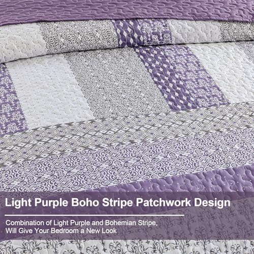 WONGS BEDDING Purple King Quilt Bedding Set, Bohemian Stripe Bedspread - Image 5