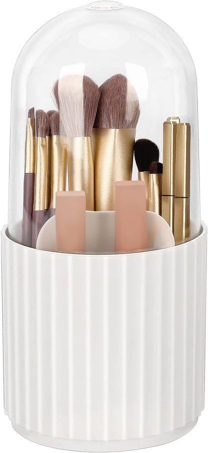 JessLab Makeup Brush Holder Organizer with Lid, 360 Degree Rotatable Makeup Brush Organizer Spinning Cosmetics Holders Brush Storage Box Display for Bathroom Vanity Countertop, White