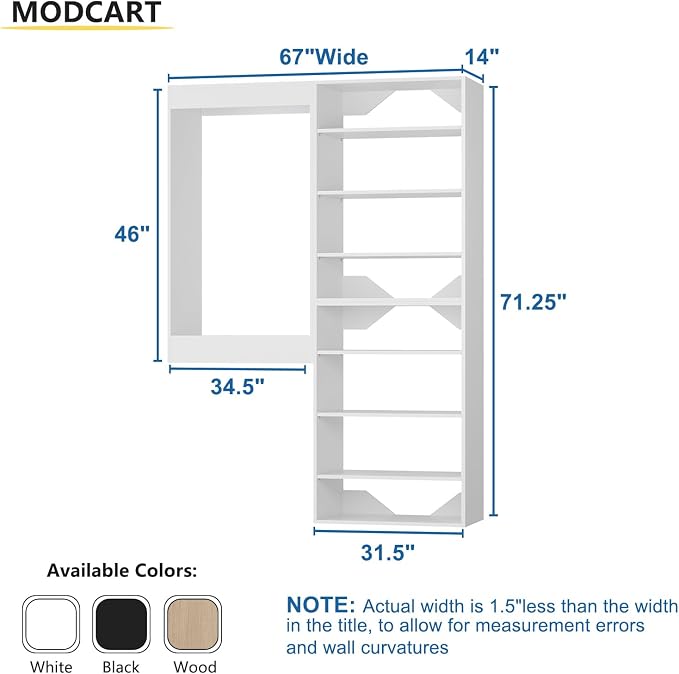 Modular Closet System, 67" Wide Closet Organizer System with Towers and Hanging, Wood Closet Tower Storage for Walk In Closets, Wall Mounted Wardrobe Organizer Kit System, Bedroom, White
