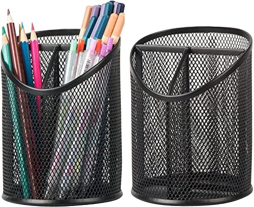 Delifox 2 Pack Pen Holder Mesh Round Pencil Holder 3 Compartments, Black by Delifox