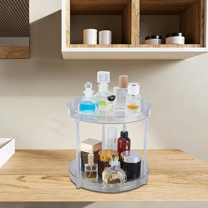 Perfume Organizer 360 Rotating Cosmetic Storage Box Transparent Acrylic Swivel Shelf Desktop Skin Care Dresser Finishing 2 Tiers Clear Perfumes Holder Display Rack Skincare Organization