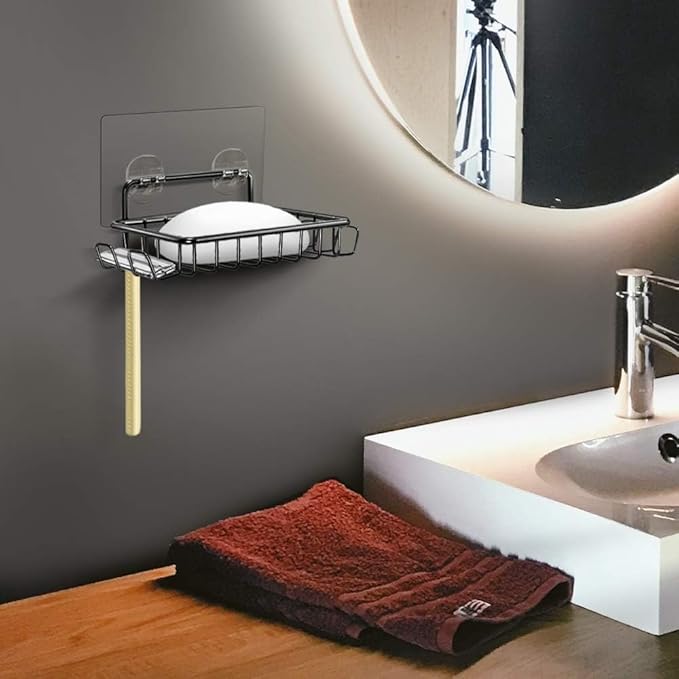 Nieifi Soap Dish,Bar Soap Holder for Shower Wall with 4 Hooks Stainless Steel Adhesive Soap Dish for Bathroom Shower Razor Holder (Black)