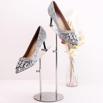 Shoe Display Stand for Retail Store Stainless Steel Height Adjustable Countertop Double-Headed High Heel Shoe Display Risers Stand Rack for Vendors Photos