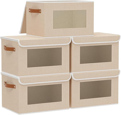 Cloth Storage Boxes, Storage Bins with Lids, 10.2 x 7.8 x 6.7 Inch Closet Organizers for Shelves Bedroom Office Organization, Beige, 5-Pack