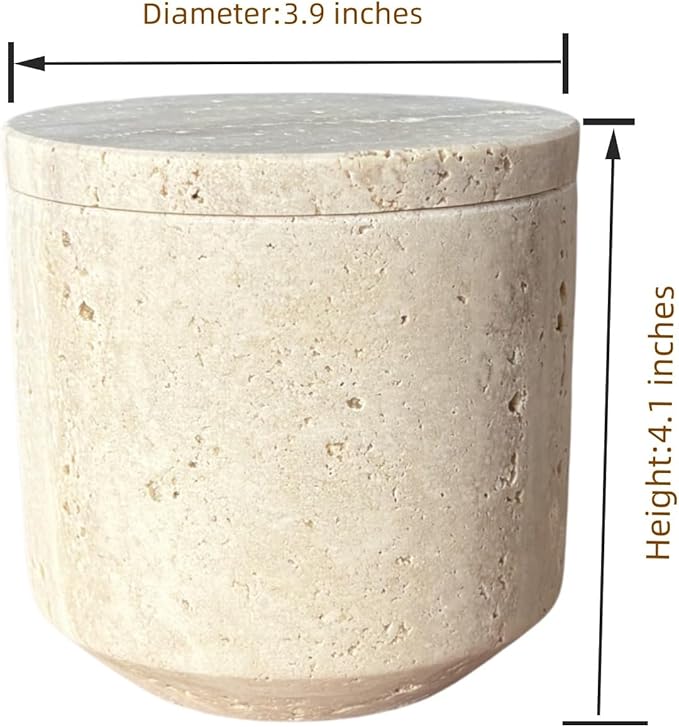 Natural Marble Hole Stone Cosmetic Cotton Swab Sundry Small Tank Storage Box Jar with Lid (Yellow Travertine)