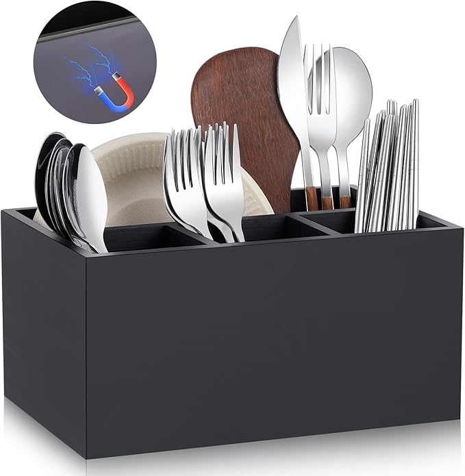 LemonRoad Magnetic Utensil Holder Silverware Caddy with 4 Compartments for Fridge Kitchen Party Counter Wooden Silverware Countertop Holder for Party, Farmhouse, Camping