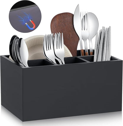 LemonRoad Magnetic Utensil Holder Silverware Caddy with 4 Compartments for Fridge Kitchen Party Counter Wooden Silverware Countertop Holder for Party, Farmhouse, Camping
