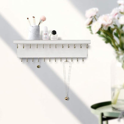 SANY DAYO HOME Jewelry Organizer with 24 Hooks and Cosmetics Shelf, 12 x 3 x 4 inches Wall Mounted Rustic Pine Wood Holder for Necklaces and Bracelets, Suitable for Kids and Adults (Retro White)