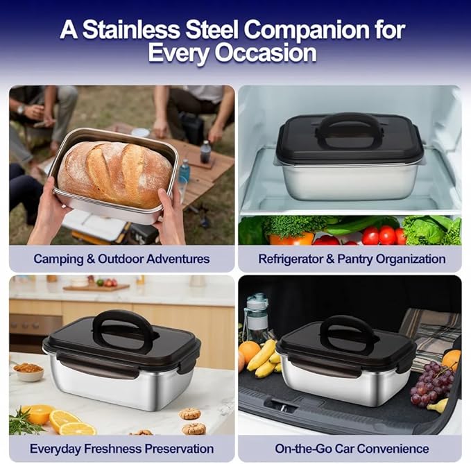 QCQHDU Stainless Steel Food Storage Containers, 3800 ML/ 129 oz / 16 Cup Large Food Storage Meal Prep Containers with Airtight Lids for Roasting Turkey, Chicken, Baking Casserole, Fruits, Party