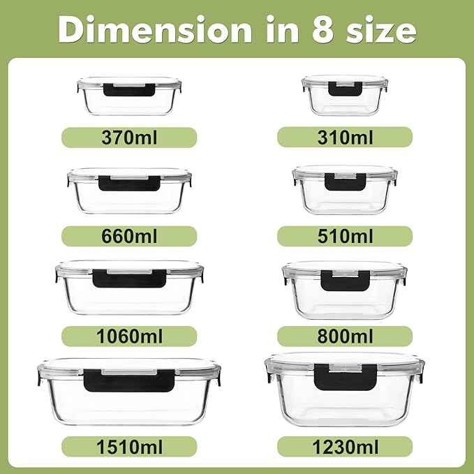 Liuruiyu 8 Pack Glass Food Storage Containers with Lids, Meal Prep Containers, Airtight Bento Boxes with Leak Proof Locking for Microwave, Oven, Freezer and Dishwasher, BPA Free