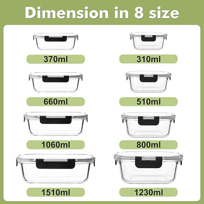 Liuruiyu 8 Pack Glass Food Storage Containers with Lids, Meal Prep Containers, Airtight Bento Boxes with Leak Proof Locking for Microwave, Oven, Freezer and Dishwasher, BPA Free
