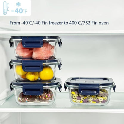 2 Cup Square Glass Food Containers set, Small Square Food Storage Containers With Airtight Lids, BPA free 16oz small Glass Meal Prep Bowls, Dishwasher, Microwave, Freezer Safe (Dark Blue)