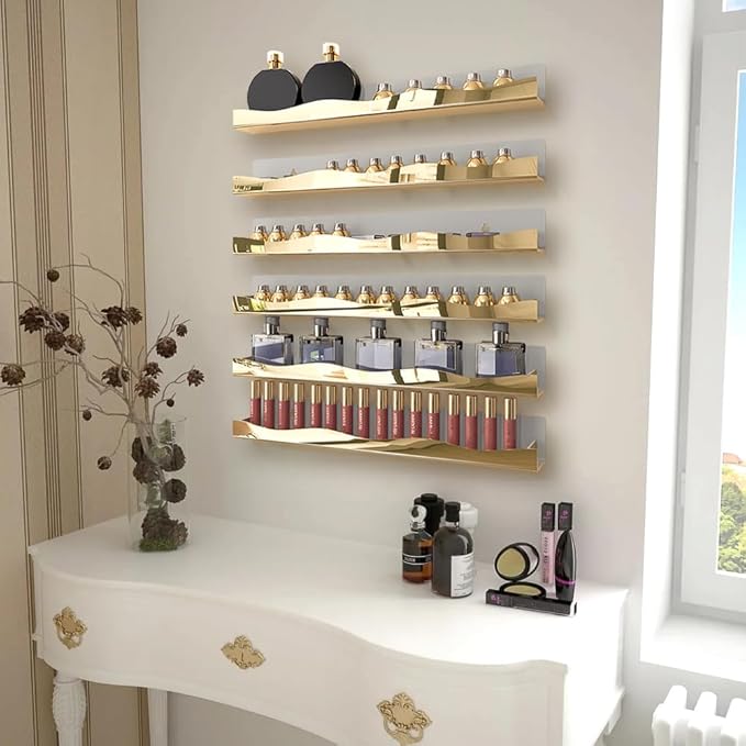 YMVV Wall-Mounted Nail Polish Shelves, 5-Inch Gold Mirror Finish Nail Polish Organizer Rack, Makeup Sunglasses Essential Oil Storage Display Rack 6 Pack
