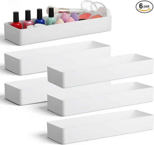 6 Packs White Plastic Drawer Organizer White Tabletop Organizer Tray 9.5 x 3 x 1.4 Inches Stackable Storage Tray for Cosmetic Vanity Home Utensils Office Shelf Kitchen