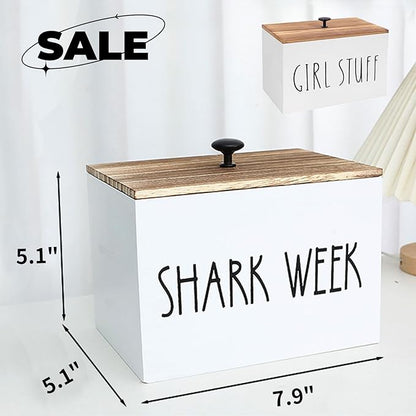 Tampon Holder Tampon Organizer Rustic Wood Bathroom Storage Bin with Lid Movable Partition Storage Container with 3 Compartment Feminine Product Wood Tampon Dispenser (White)