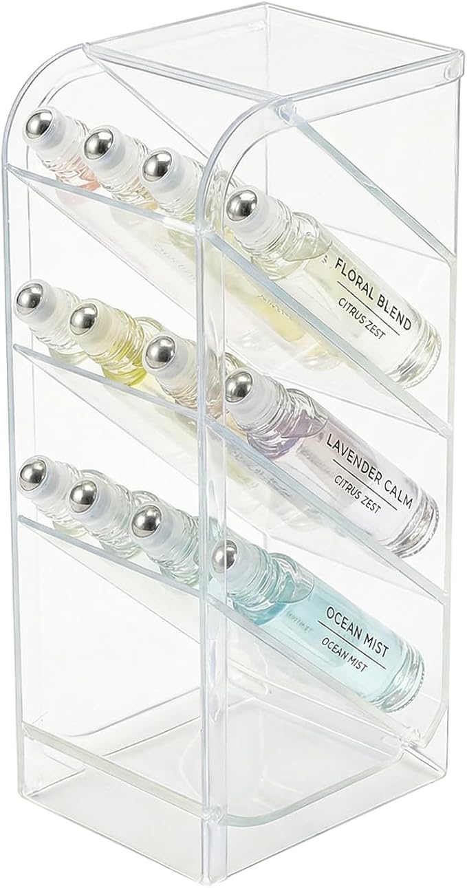 4-Tier Acrylic Rollerball Perfume Organizer, 45° Slanted Perfume Holder, Transparent ScentBird & Travel Size Perfume Sample Storage Case(1 pack)