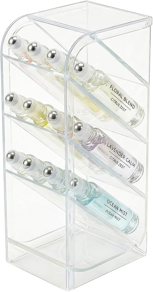 4-Tier Acrylic Rollerball Perfume Organizer, 45° Slanted Perfume Holder, Transparent ScentBird & Travel Size Perfume Sample Storage Case(1 pack)