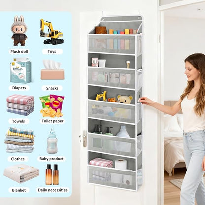 Over The Door Storage Organizer with 5 Extra Large Pockets & Side Mesh Pouches, Hanging Closet Door Organizer for Bedroom, Baby Nursery Storage, Anti-Tilt Design, Fits 1.6" Doors-Gray