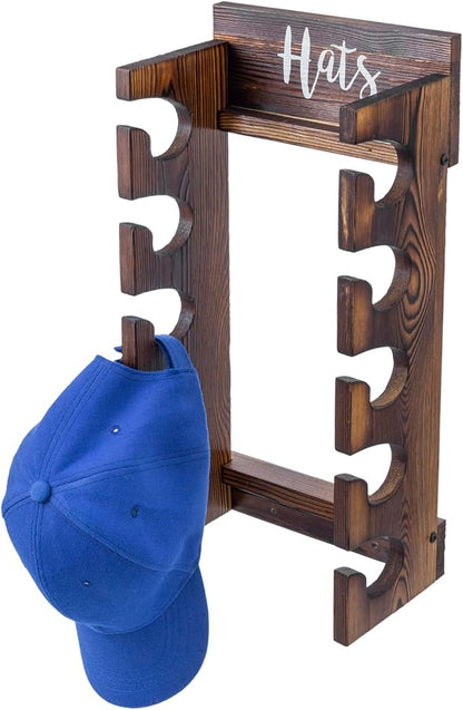 MyGift Wooden Hat Rack Wall Mount, Baseball Cap Organizer Display Holder, Hat Storage Shelf with White Cursive Hats Label,10 Hanging Hooks, Rustic Burnt Solid Wood