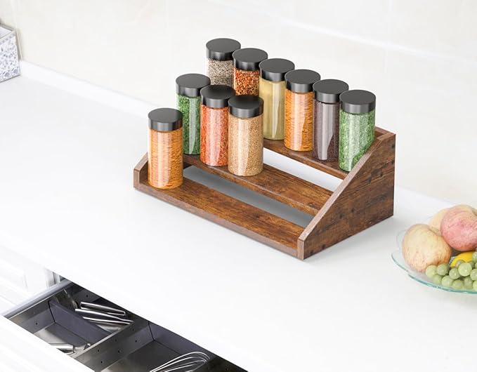 3 Tier Wood Spice Rack Organizer for Cabinet, Super Sturdy Display Riser Shelf Seasoning Organizer for Countertop Pantry Cupboard, Retro Storage Holder for Kitchen Condiment Jar Spice Container