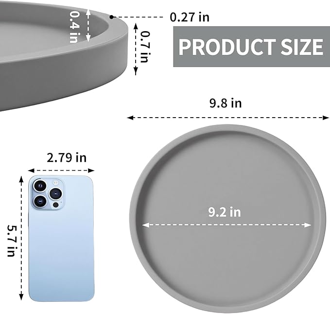 Silicone Bathroom Tray, 9" Round Grey Vanity Organizer – Decorative Countertop Tray for Soap, Candle, Perfume, Kitchen & Coffee Table