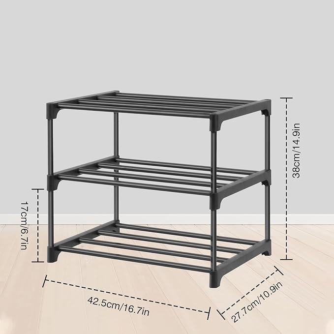 HITHIM 3-Tier Small Shoe Racks, Narrow Shoe Rack for 5-6 Pairs Shoe Storage,Kids Shoe Racks for Small Place,Lightweight Stackable Shoe Shelf Organizer for Closet,Black