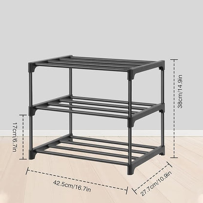 HITHIM 3-Tier Small Shoe Racks, Narrow Shoe Rack for 5-6 Pairs Shoe Storage,Kids Shoe Racks for Small Place,Lightweight Stackable Shoe Shelf Organizer for Closet,Black