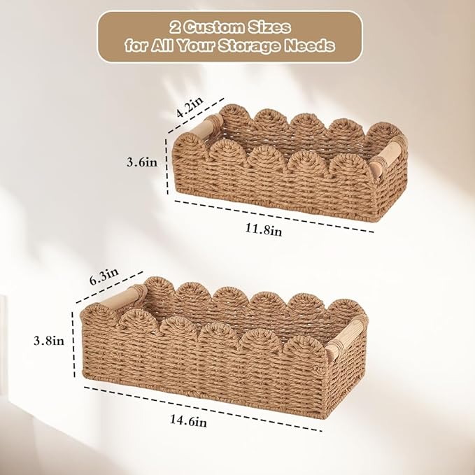 Toilet Basket,Tank Topper,Toilet Paper Basket 2pcs Scalloped Basket Toilet Paper Holder with A Wooden Handle A Cute and Practical Home Decor Item （Includes 2 Decorative Ribbons）