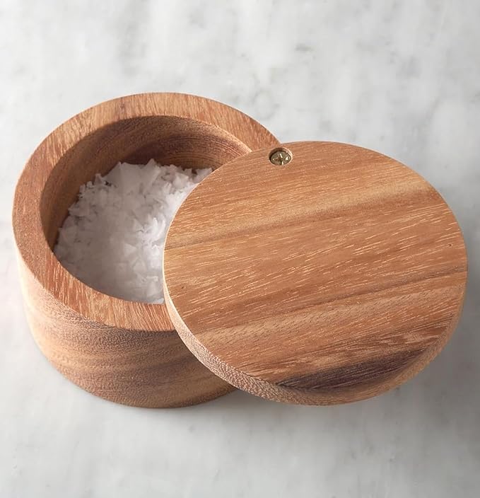Acacia Wood Salt cellar bowl Box with Swivel Lid – Wooden Salt box for Kitchen Countertop, Salt Keeper for Cooking, Spices & Seasonings