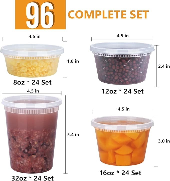 NESCCI 96 Pack (192-Piece) Deli Containers with Lids, 32/16/12/8 oz X 24 Set Each, Leak-Proof & BPA Free Airtight Takeout Plastic Food Storage Containers for Soup, Meal Prep, Microwave/Freezer Safe