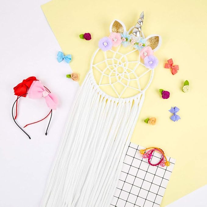 Unicorn Theme Hair Bows Holder,Flowers Headband Holder Hair Clips Organizer,Dream Catcher Wall Decor for Girls' Room,Hair Accessories Storage Hair Barrettes Organizer