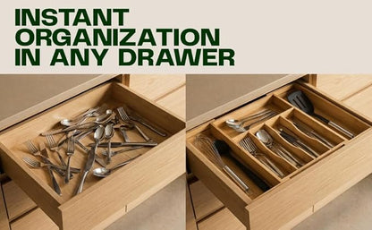 Premium Bamboo Utensil Drawer Organizer Expandable – Modular Silverware Organizer Adjustable Design w/Deep Compartments, Kitchen, & Office Drawer Dividers for Utensils, Cutlery, Makeup, Desk