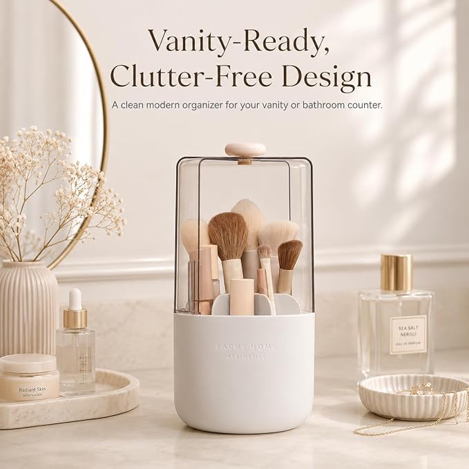 EACHY Makeup Brush Holder with Lid, 360° Rotating Vanity Organizer for Brushes, Dustproof Cosmetic Display Case, 7 Compartments, Waterproof Plastic (White)