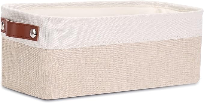 DULLEMELO Fabric Bathroom Storage Bin with Leather Handles, Narrow Organizer for Towels, Toilet Paper Rolls, Storage Basket for Back of Toilet, Vanities, Shelves & Cabinets (White&Khaki)
