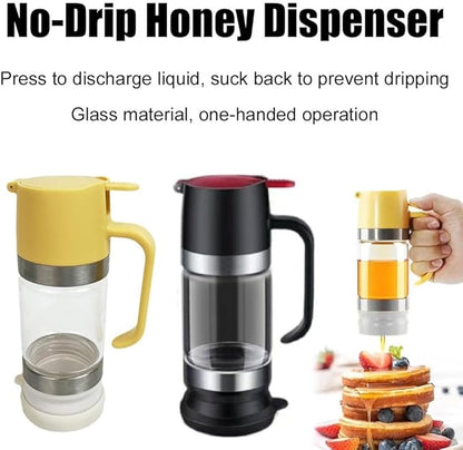 Honey Dispenser No Drip with Base, 2026 New Glass Honey Dispenser, Maple Syrup Dispensers, Syrup and Jam, Honeys Container with Handle, Mess-Free Honeys Jar Container for Quantitative Extraction