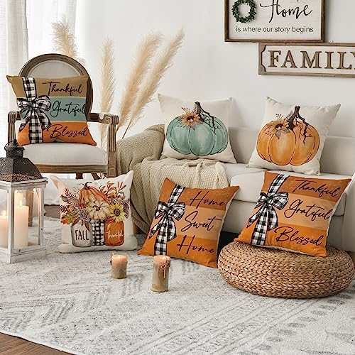 AVOIN colorlife Fall Pumpkin Home Sweet Home Throw Pillow Covers, 16 x 16 Inch Autumn Thankful Grateful Blessed Harvest Floral Orange Decorations for Sofa Couch Set of 4 - Image 2