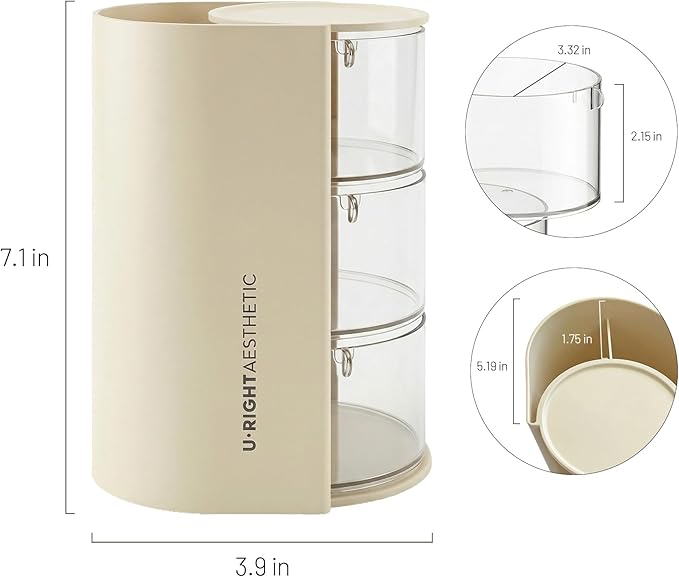 Hair Accessories Organizer with Makeup Brush holder, Bathroom Organizer and Storage, Qtip Holder Dispenser for Necklaces, Earring, Bracelet, Ring, Hair Clip, Cotton Swabs, Rotatable, 3-Layer (Cream)