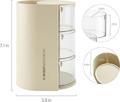 Hair Accessories Organizer with Makeup Brush holder, Bathroom Organizer and Storage, Qtip Holder Dispenser for Necklaces, Earring, Bracelet, Ring, Hair Clip, Cotton Swabs, Rotatable, 3-Layer (Cream)