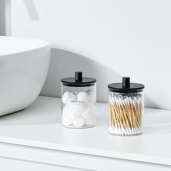 3 Pack Glass Qtip Holder Dispenser- 10 oz Clear Canister Apothecary Jar, Bathroom Vanity Storage Organizer Set for Cotton Swabs, Pads, Floss Picks, Small Containers for Makeup Storage (Black)