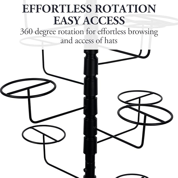 MyGift 5.5 Foot Modern Freestanding Black Metal Hat Organizer Rack, 360 Degree Rotating Wig or Cowboy Hat Display Stand with 20 Circular Hooks