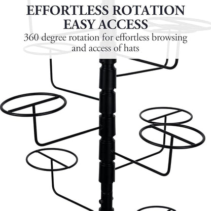 MyGift 5.5 Foot Modern Freestanding Black Metal Hat Organizer Rack, 360 Degree Rotating Wig or Cowboy Hat Display Stand with 20 Circular Hooks