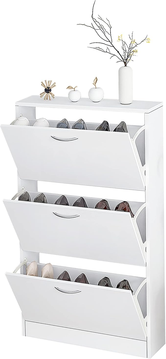 Shoe Storage Cabinets, Free Standing Shoe Organizer with 3 Flip Drawers for Entryway, Narrow 3 Tier Entryway Hidden Shoe Rack with Doors for Heels, Boots, Slippers (White-3 Flip Drawers)