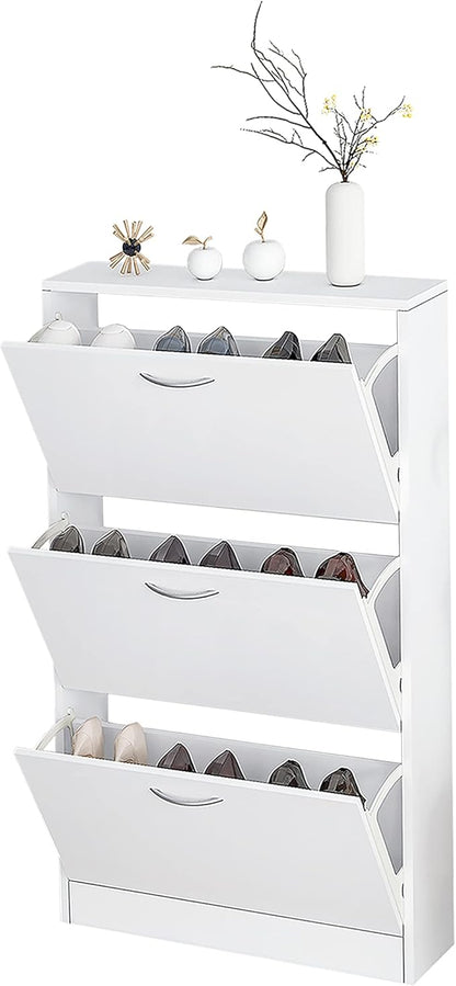 White Narrow Shoe Storage Cabinet - 3-Tier Freestanding Shoe Rack - 3 Flip Drawers Entryway Cupboard Organizer