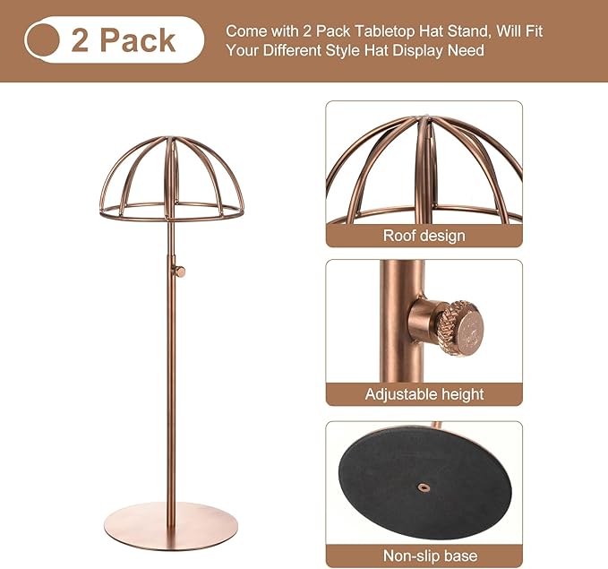 uxcell Metal Hat Display Stand 2 Pack Adjustable Tabletop Hat and Wig Rack Holder for Baseball Cap, Fedora Hat, Cowboy Hat - Rose Gold